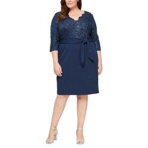 Alex Evenings Women's Sz. 20W Lace Top Belted Short Dress In Navy NWT